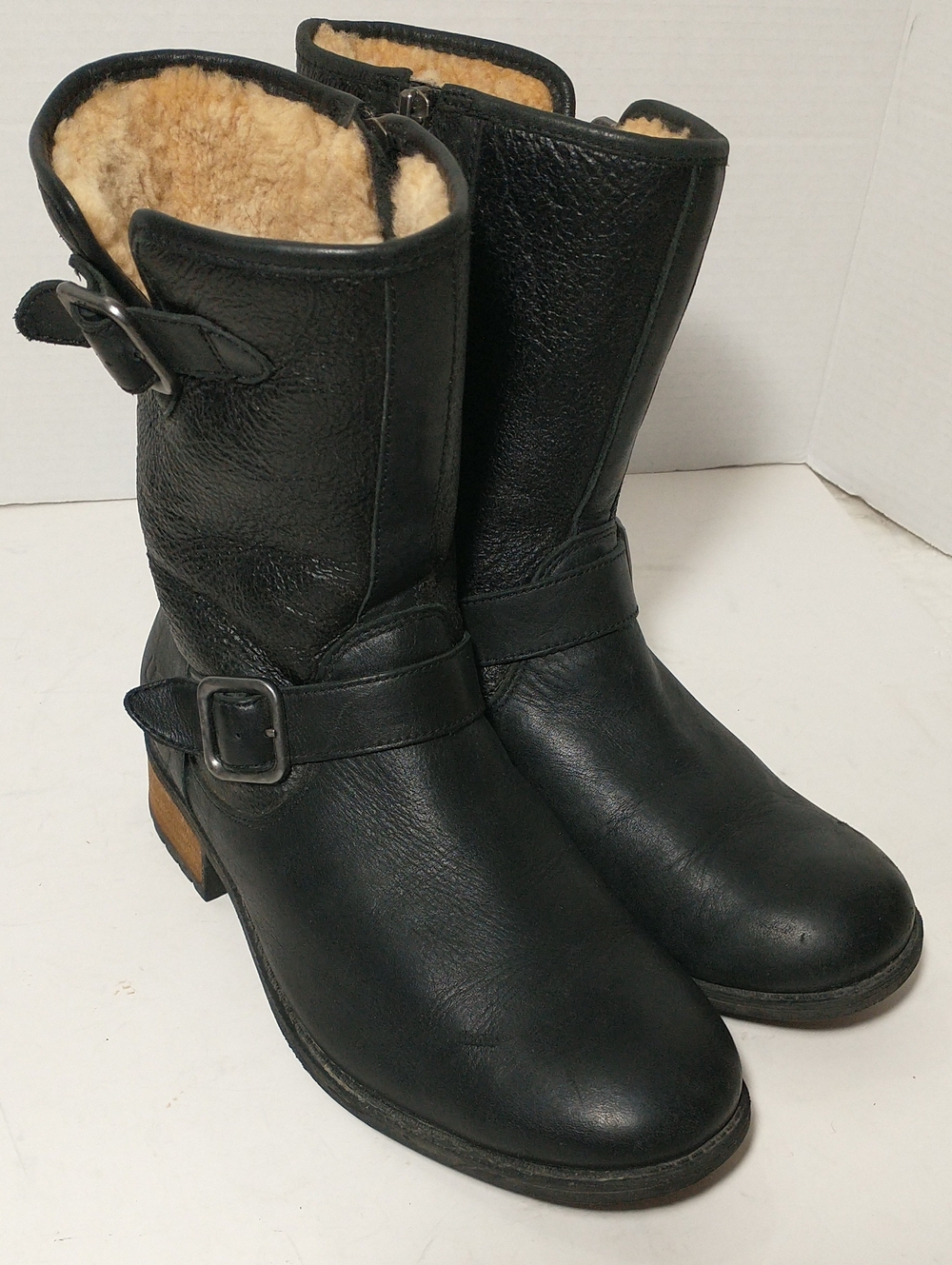 UGG Black Leather Moto Boots, Chaney, Size 8, Grunge, Biker, Goth, Rocker Chic